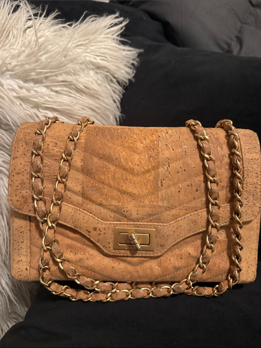 CHANEL Tan Cork Quilted Shoulder Bag with Gold Chain